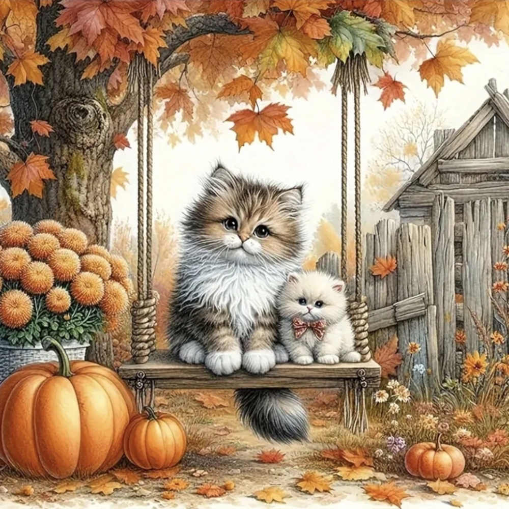 Fall Pumpkin Flowers Leaves Kitty Cats 5D Diamond Painting Kit New - Picture 1 of 7